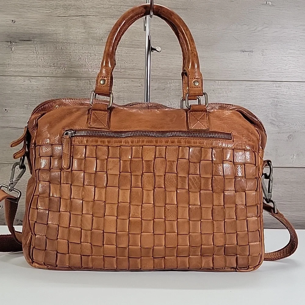 Vilenca Holland Woven Leather Briefcase Bag in Tan